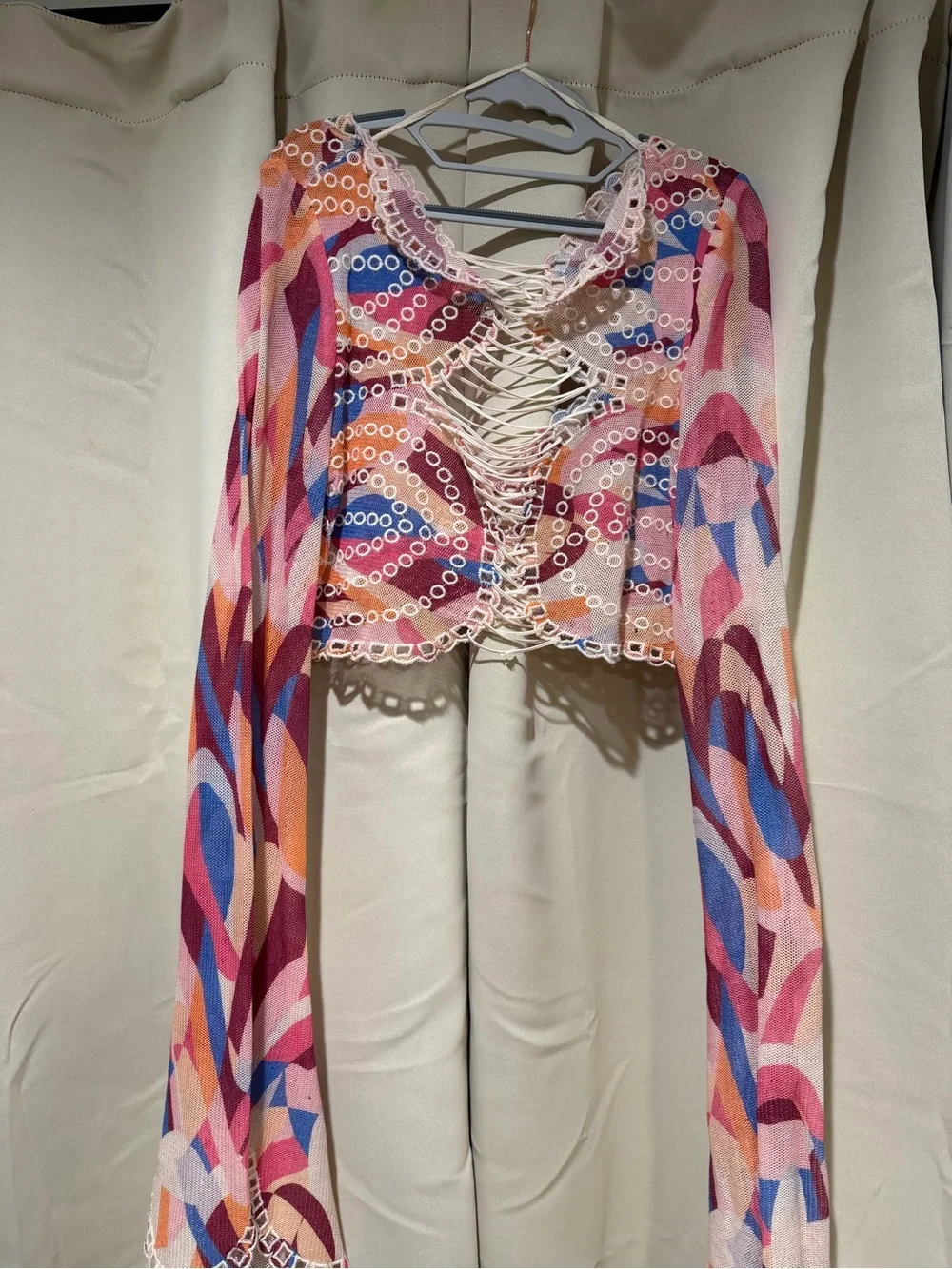 Multi-Color Lace-Up Mesh Crop Top - Pink/Blue Pattern